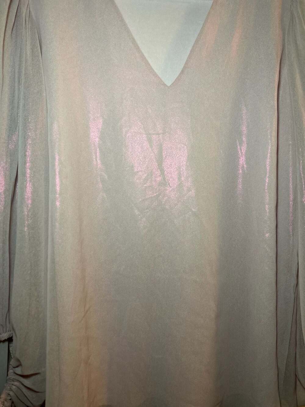 Adrienne Women's Metallic Pink V-Neck Blouse with Balloon Sleeves - Picture 2 of 6